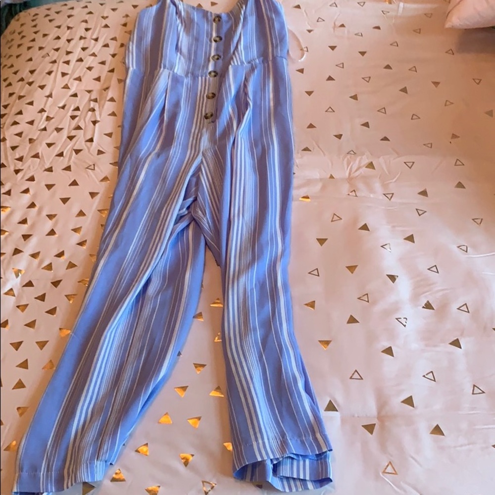 blue and white striped jump suit